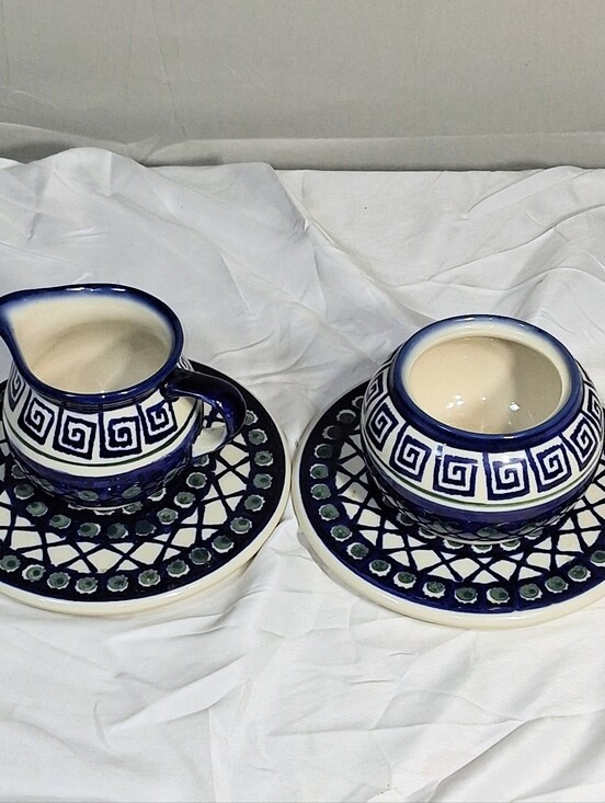 Boleslawiec Other - Set Of 2 Cobalt Blue Boleslawiec Saucers with Matching Creamer and Sugar Bowl